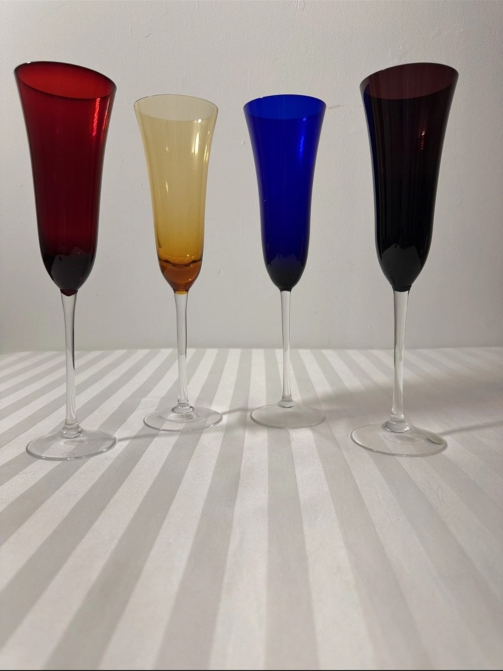 4 Handblown Bohemian Czech Republic Jewel Toned Champagne Flutes 10-3/4” Tall